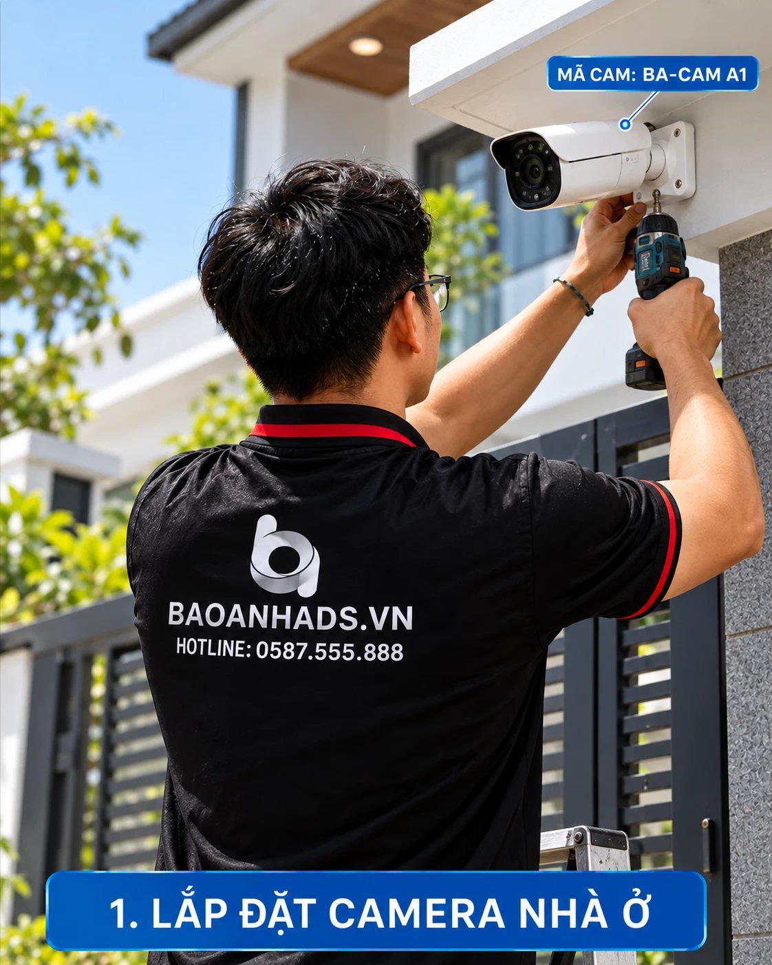 Kỹ thuật viên Bảo Anh ADS lắp đặt camera thân trụ BA-CAM A1 cho nhà ở