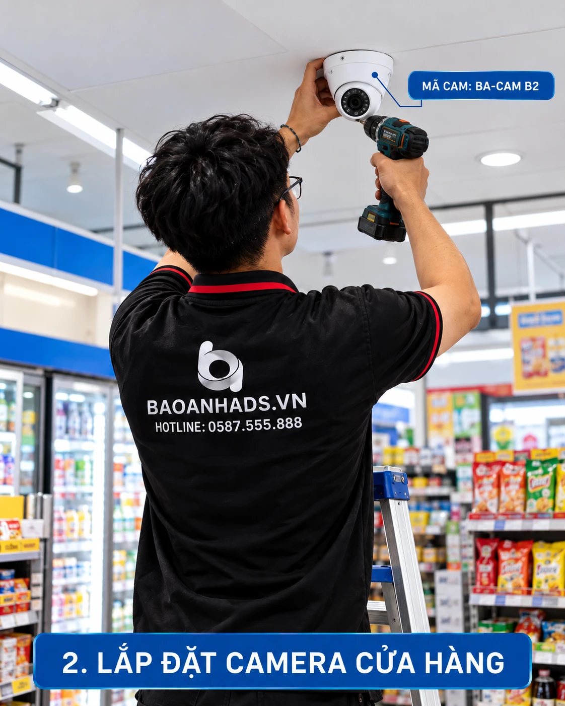 Lắp đặt camera dome BA-CAM B2 trên trần cửa hàng