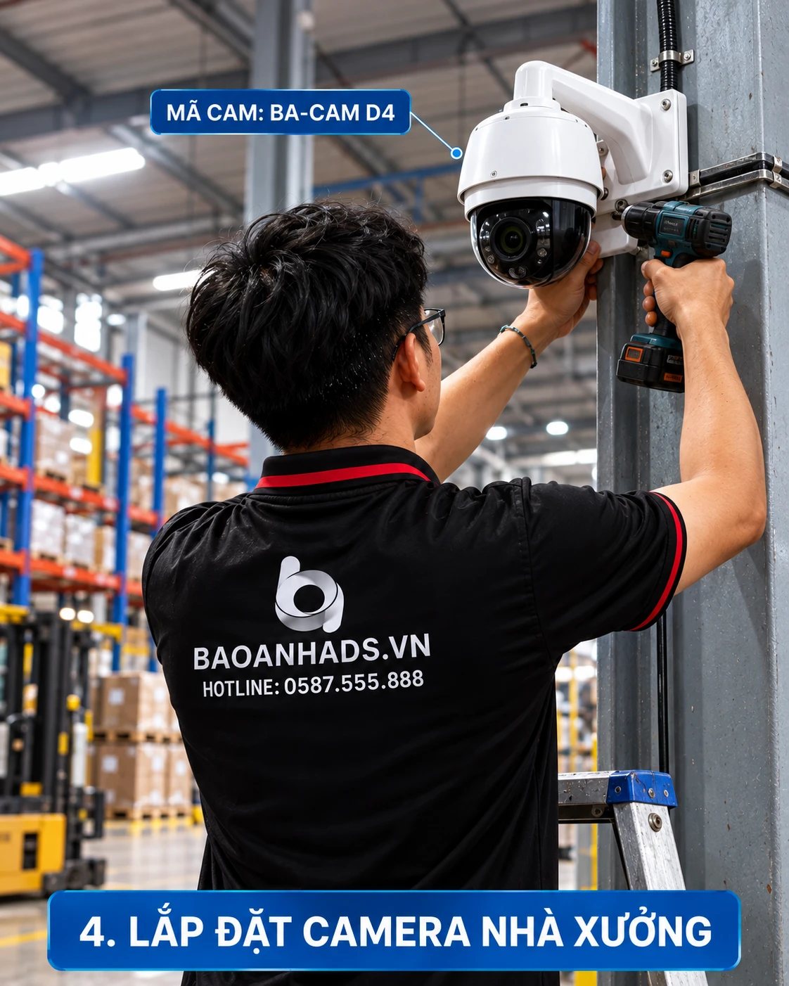 Lắp đặt camera speed dome BA-CAM D4 trong nhà xưởng, kho hàng
