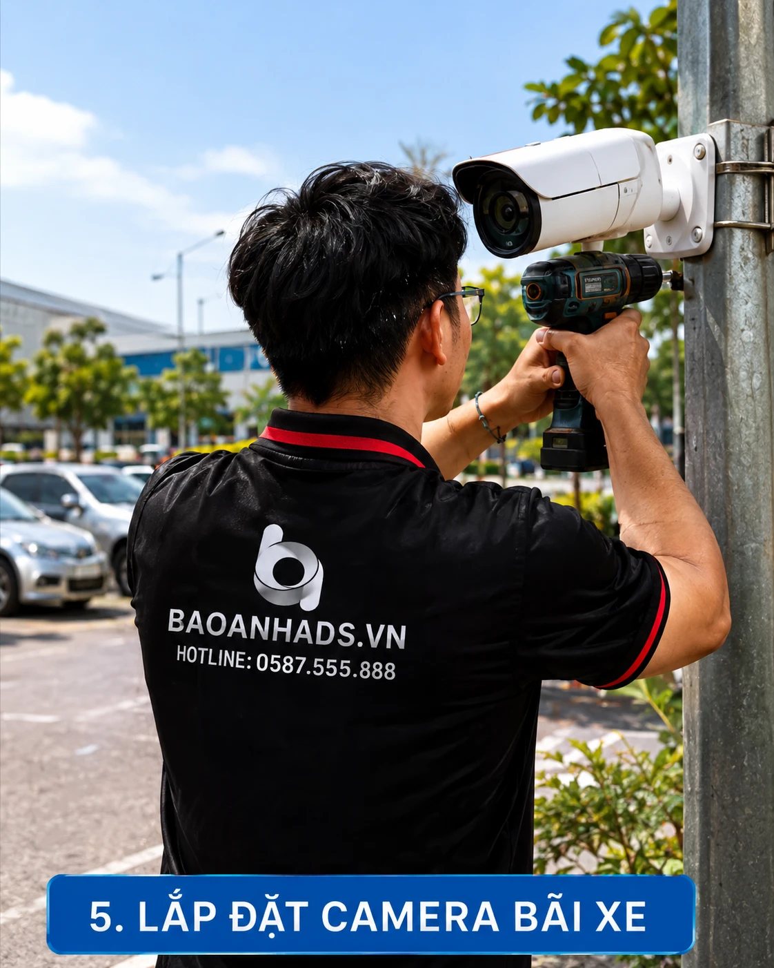 Lắp đặt camera thân trụ ngoài trời tại bãi đỗ xe