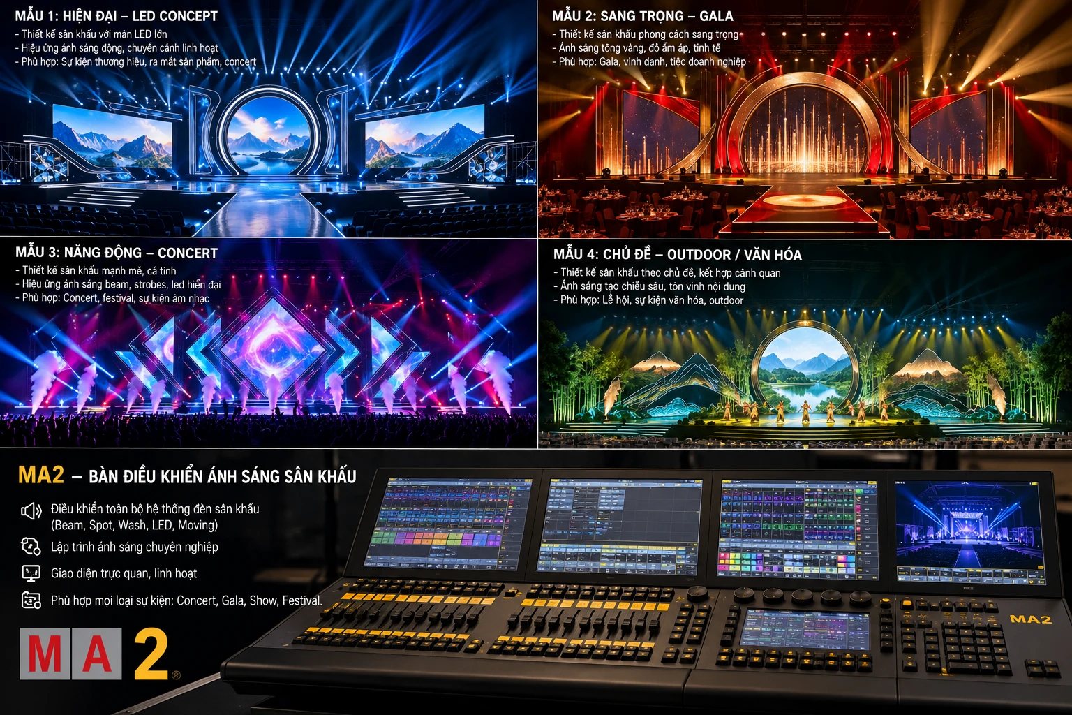 4 mẫu sân khấu: LED concept, Gala, Concert, Outdoor văn hóa và bàn điều khiển ánh sáng MA2