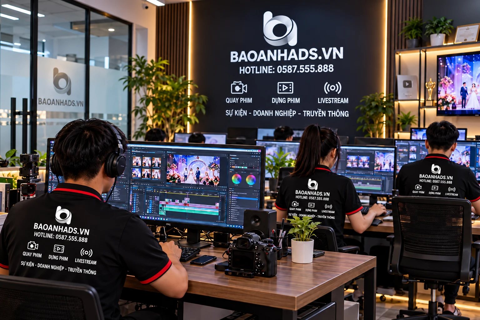 Phòng dựng phim hậu kỳ của Bảo Anh ADS với nhiều màn hình chỉnh màu, dựng video